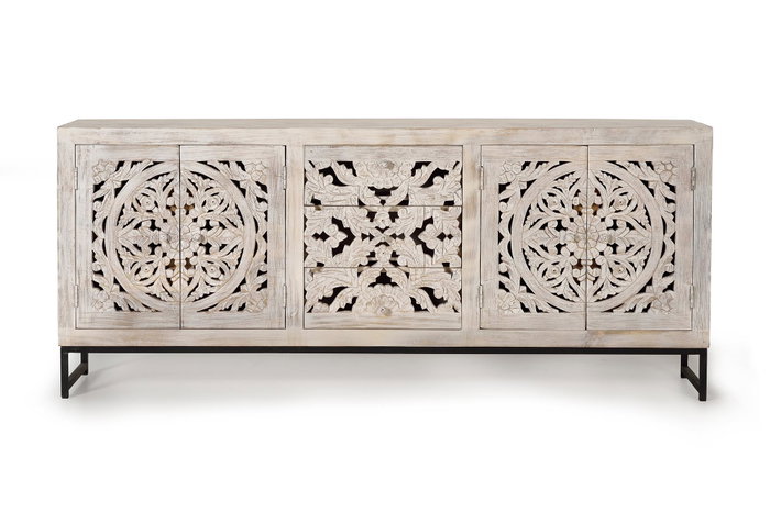GINER Y COLOMER - Buffet en bois de manguier massif et métal avec 4 portes, 3 tiroirs, finition blanc vieilli - 80 x 190 x 38 cm